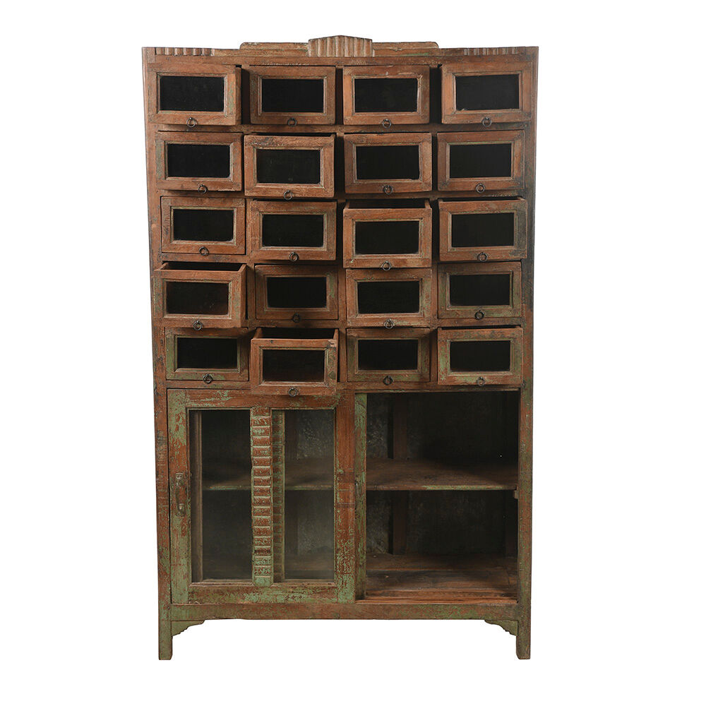 Wooden presentation cabinet with 20 glazed cupboards