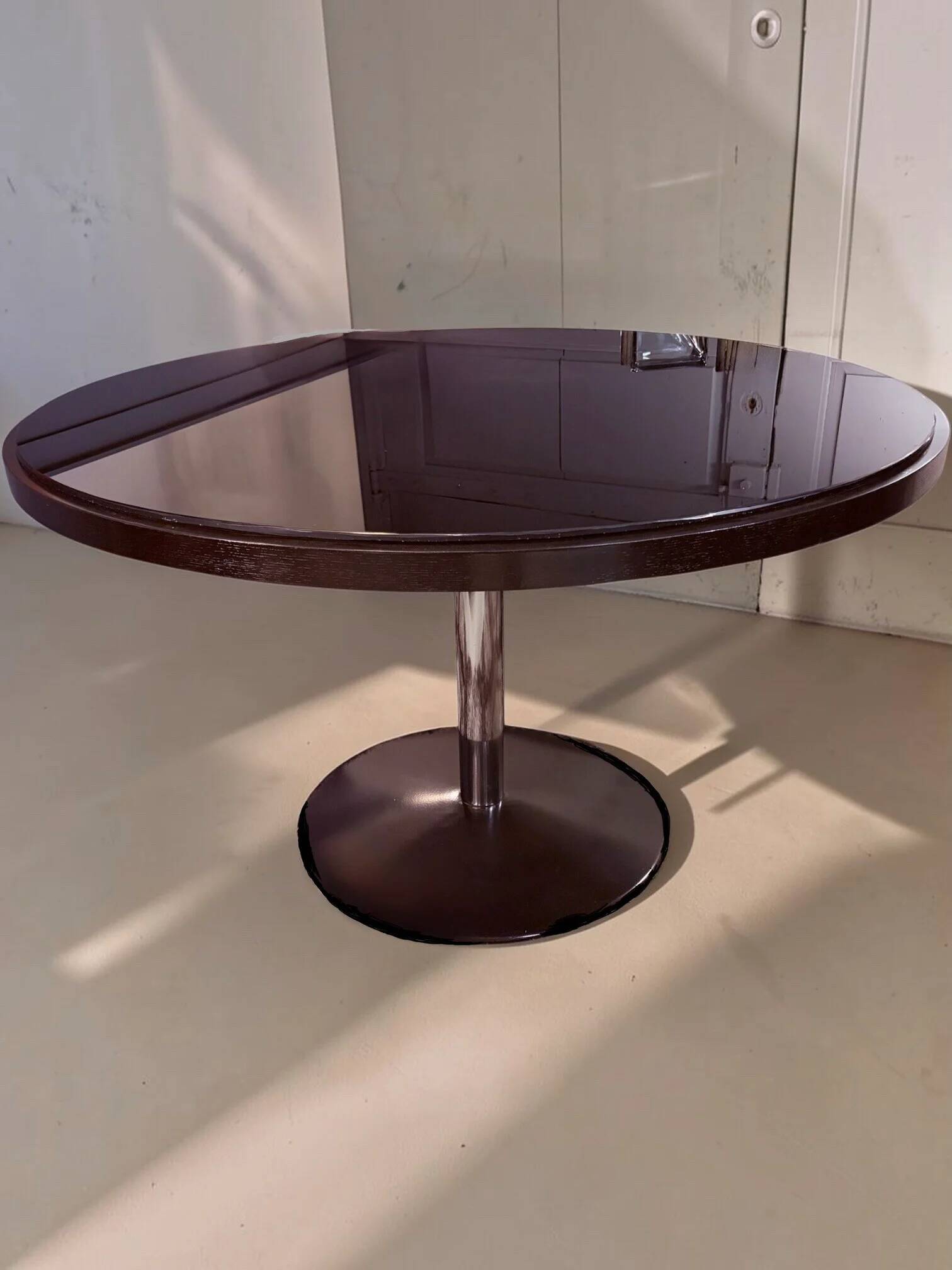 Round dining table, 1980s, black stained wood with glass top