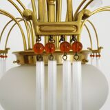 Art Nouveau style chandelier in brass with pendants and glass globe with 3 lights. Italy 70s 80s