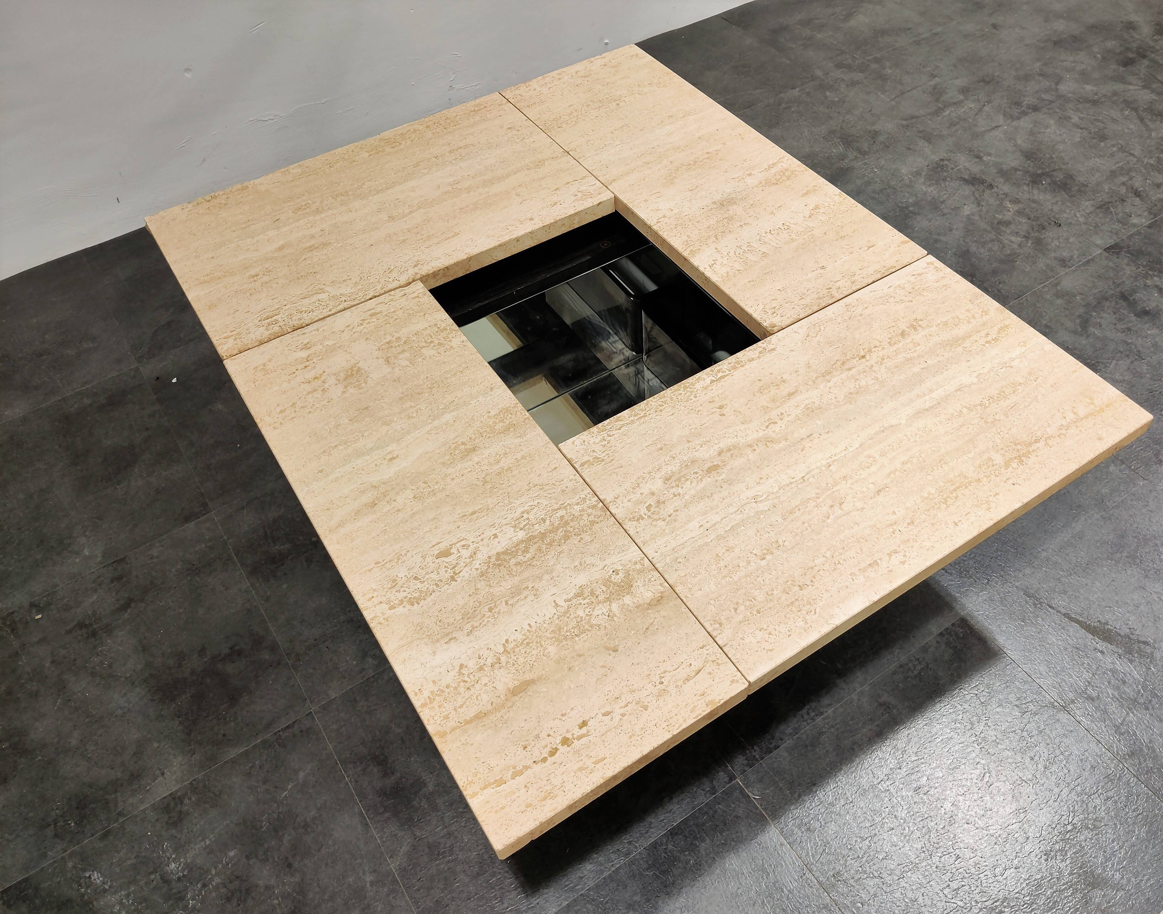 Vintage hidden bar coffee table in travertine, 1970s.