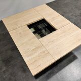 Vintage hidden bar coffee table in travertine, 1970s.