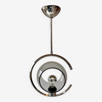 Vintage modernist chandelier, glass and chrome metal, France 1970s