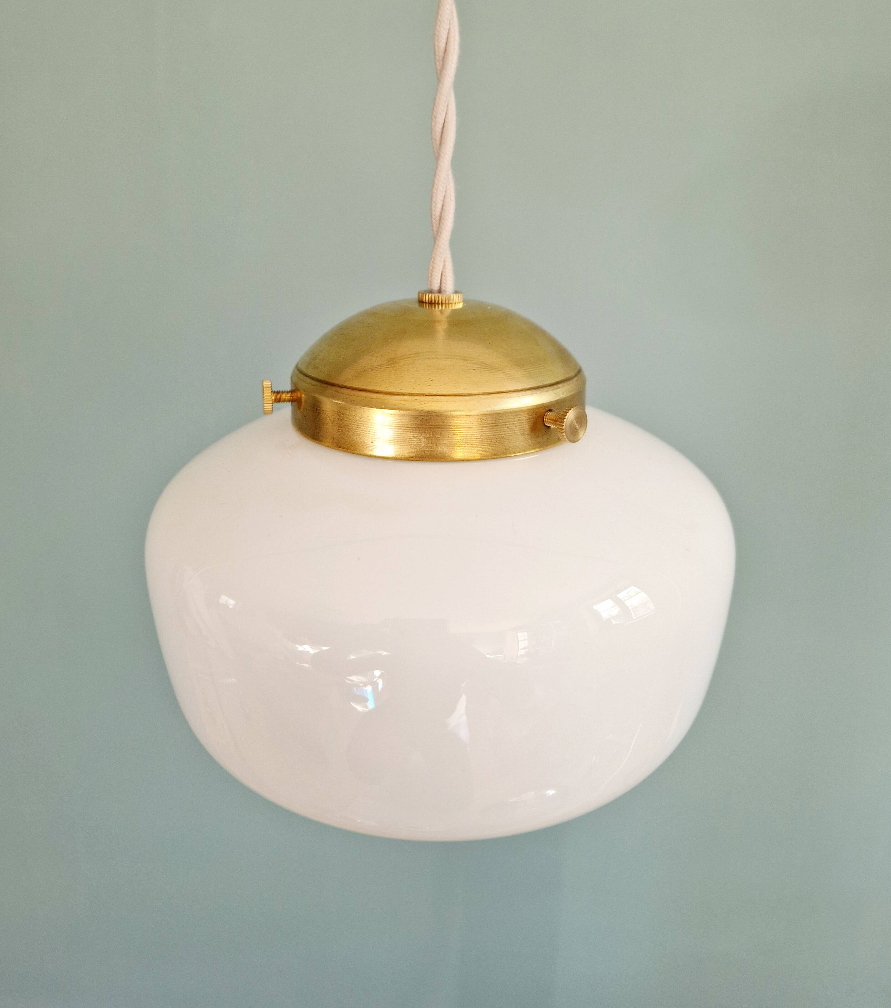 Art Deco pendant/portable lamp in conical white opaline glass, 1920s-30s