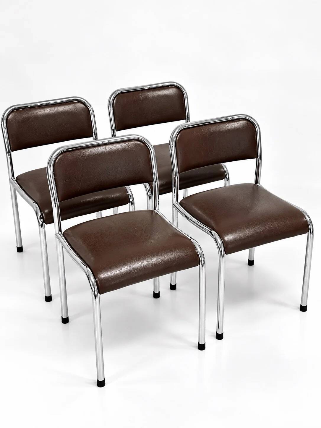 Set of 4 vintage dining chairs in chrome, brown faux leather, 1970s.