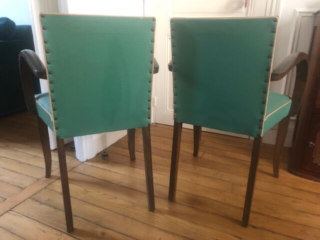 2 wooden and green skai club bridge armchairs