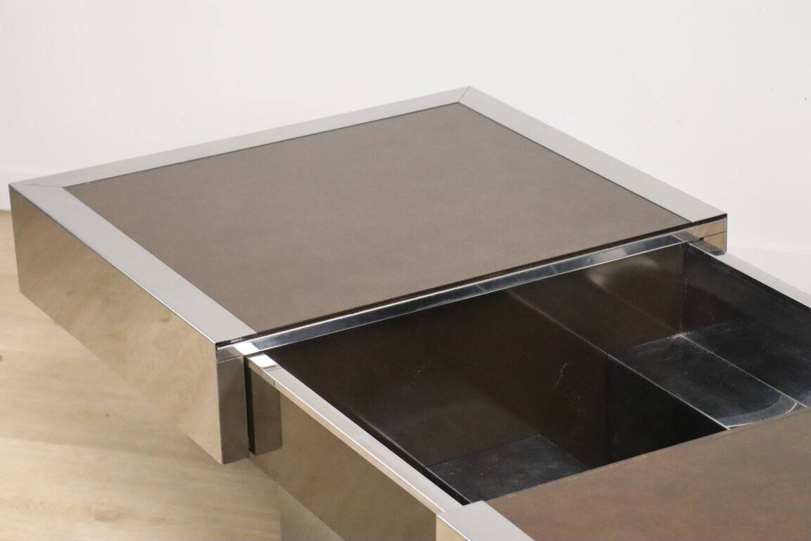 Vintage glass and aluminum bar coffee table, 1970