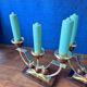 Pair of Art Deco candlesticks in brass and varnished wood, 1930s/1940s