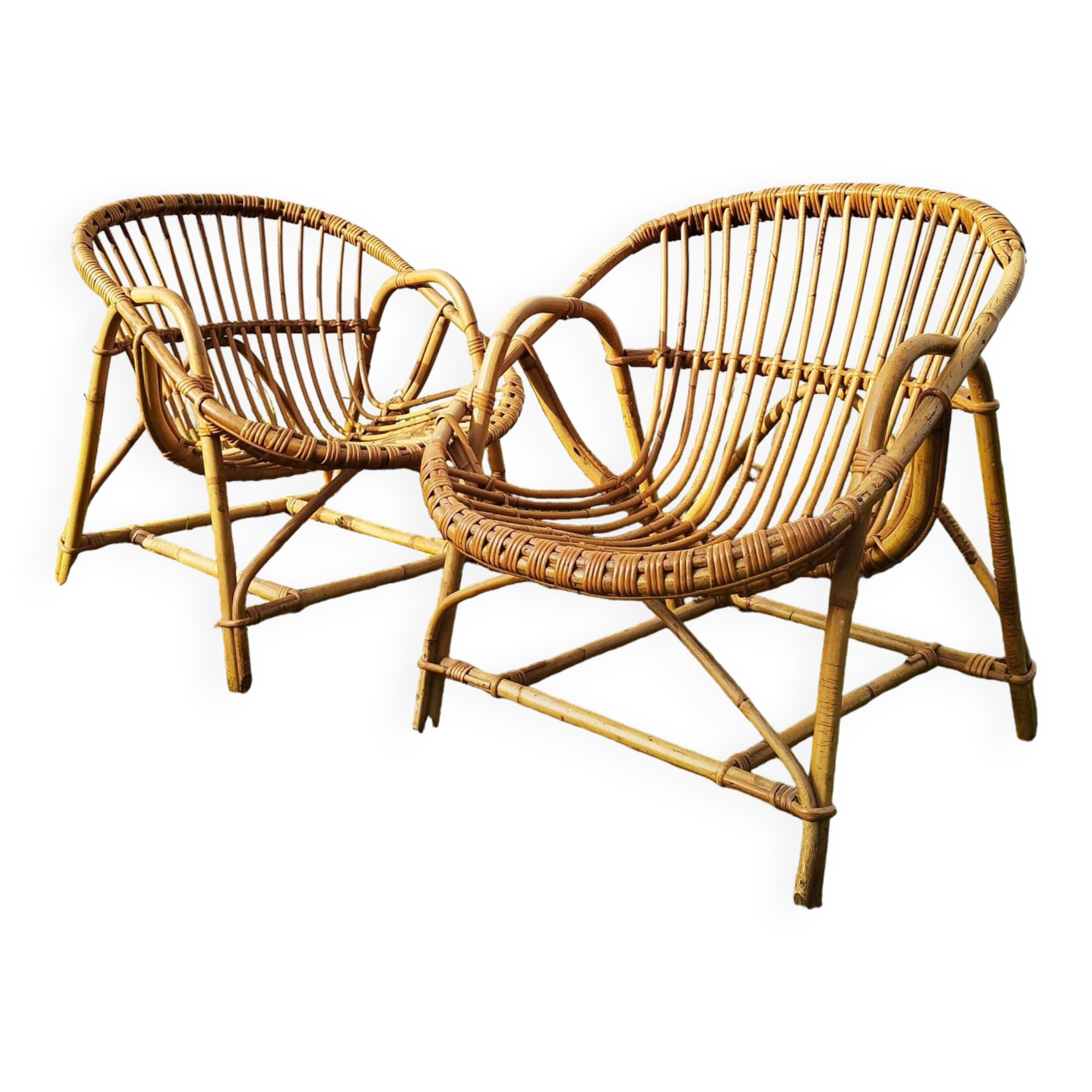 Pair of vintage rattan shell armchairs design 1960