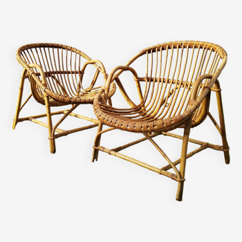 Paire de fauteuil coquilles en rotin vintage design 1960