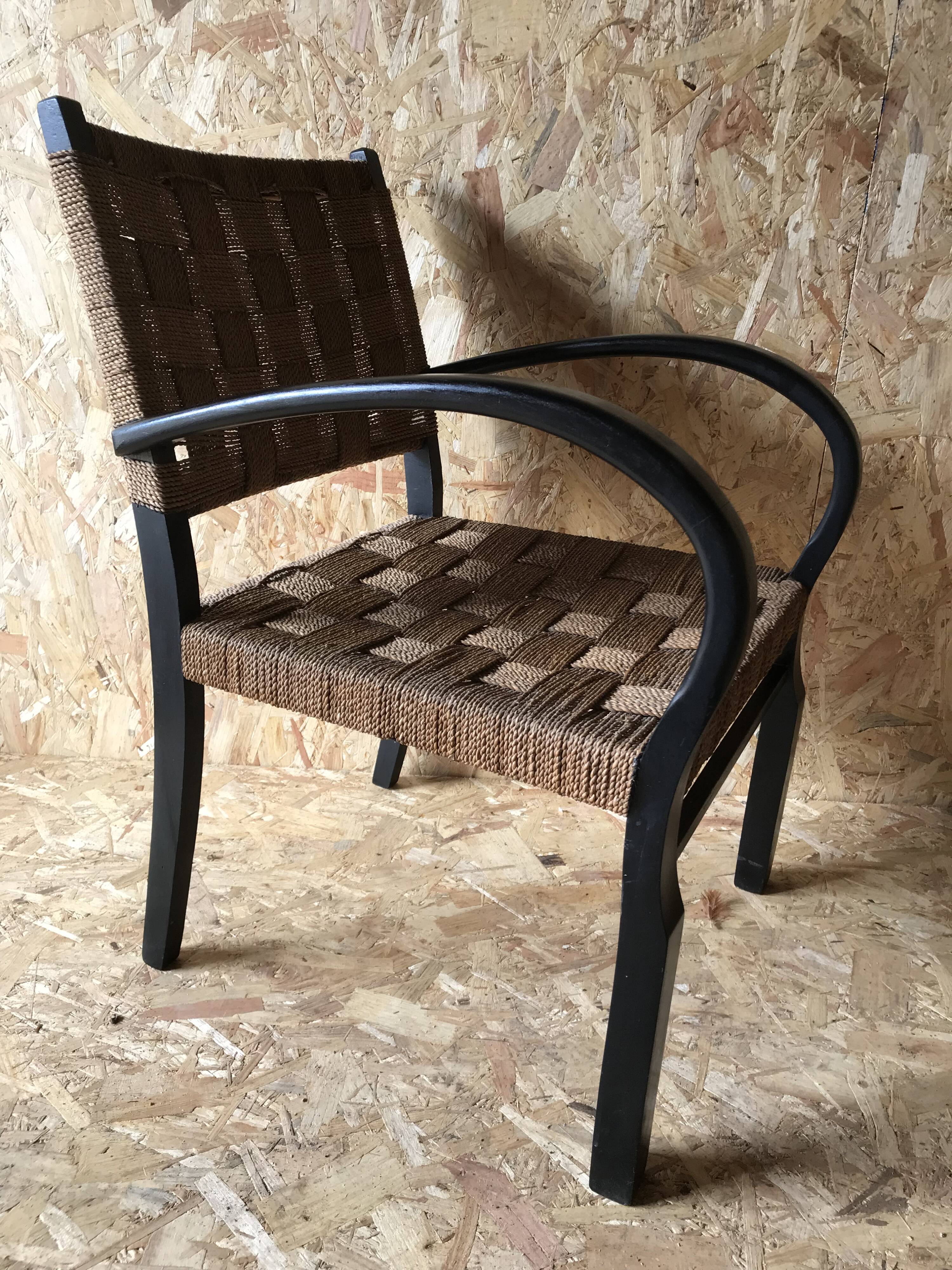 Vintage armchair with woven cord and wooden frame, Axel Larsson, circa 1960.