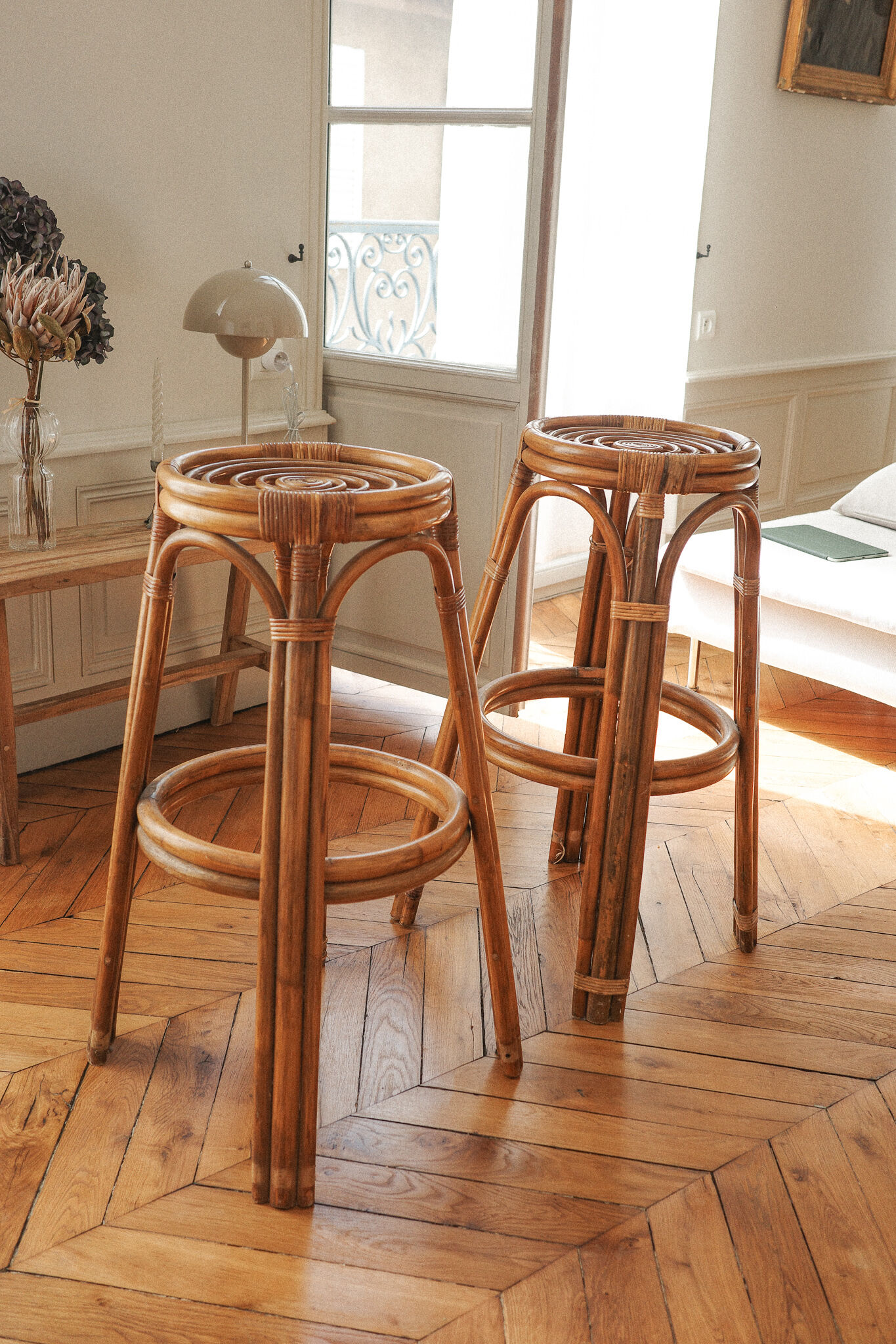 Pair of Louis Sognot bar stool in rattan 1950
