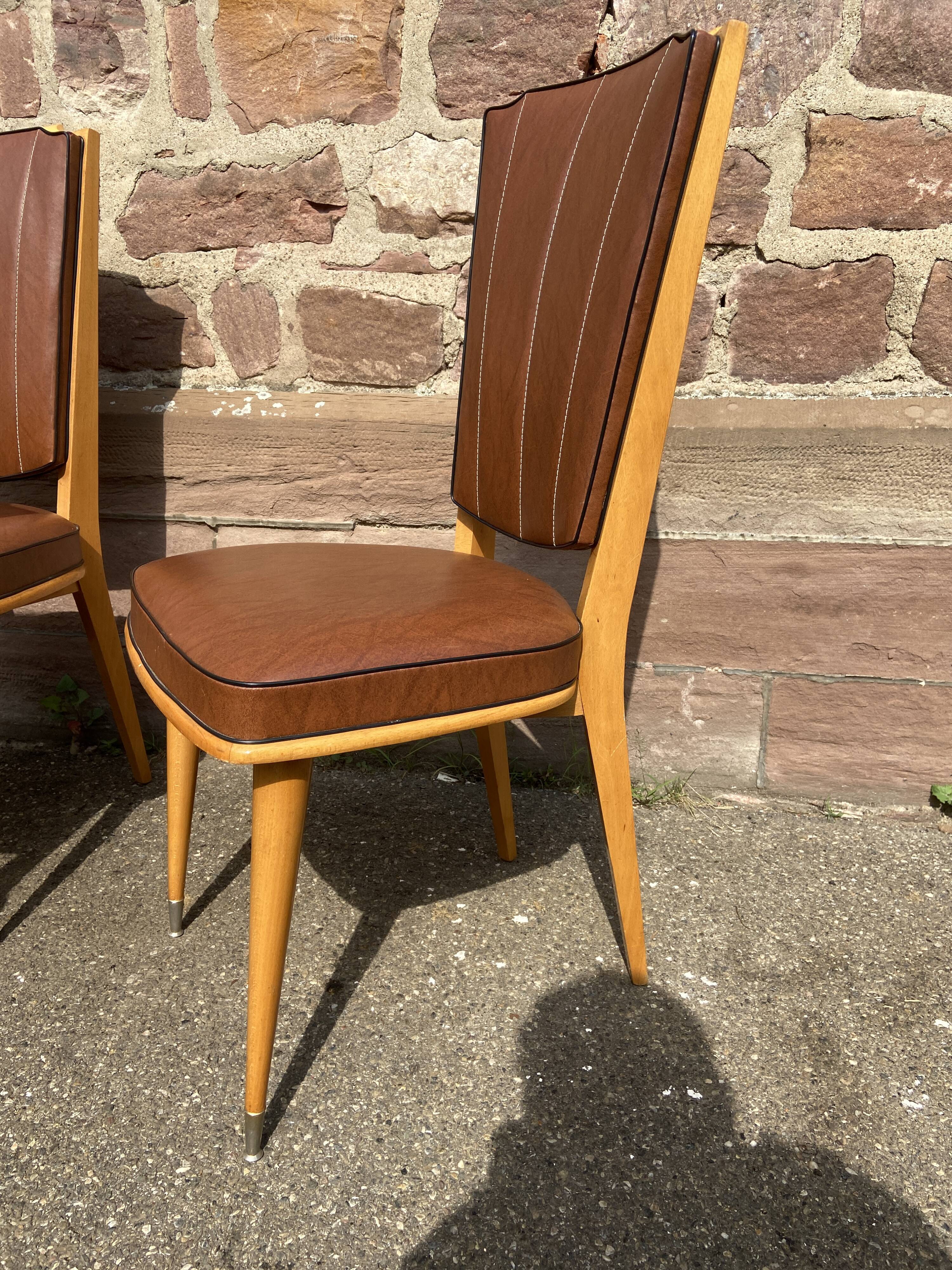 4 vintage chairs 1950 mid-century Scandinavian compass feet imitation leather Skaï