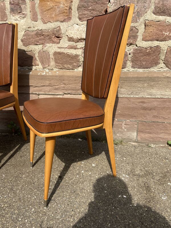 Set de 4 chaises vintage 1950 mid-century scandinave pieds compas simili cuir Skaï