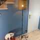 Tripod floor lamp in vintage wrought iron lampshade in cannage