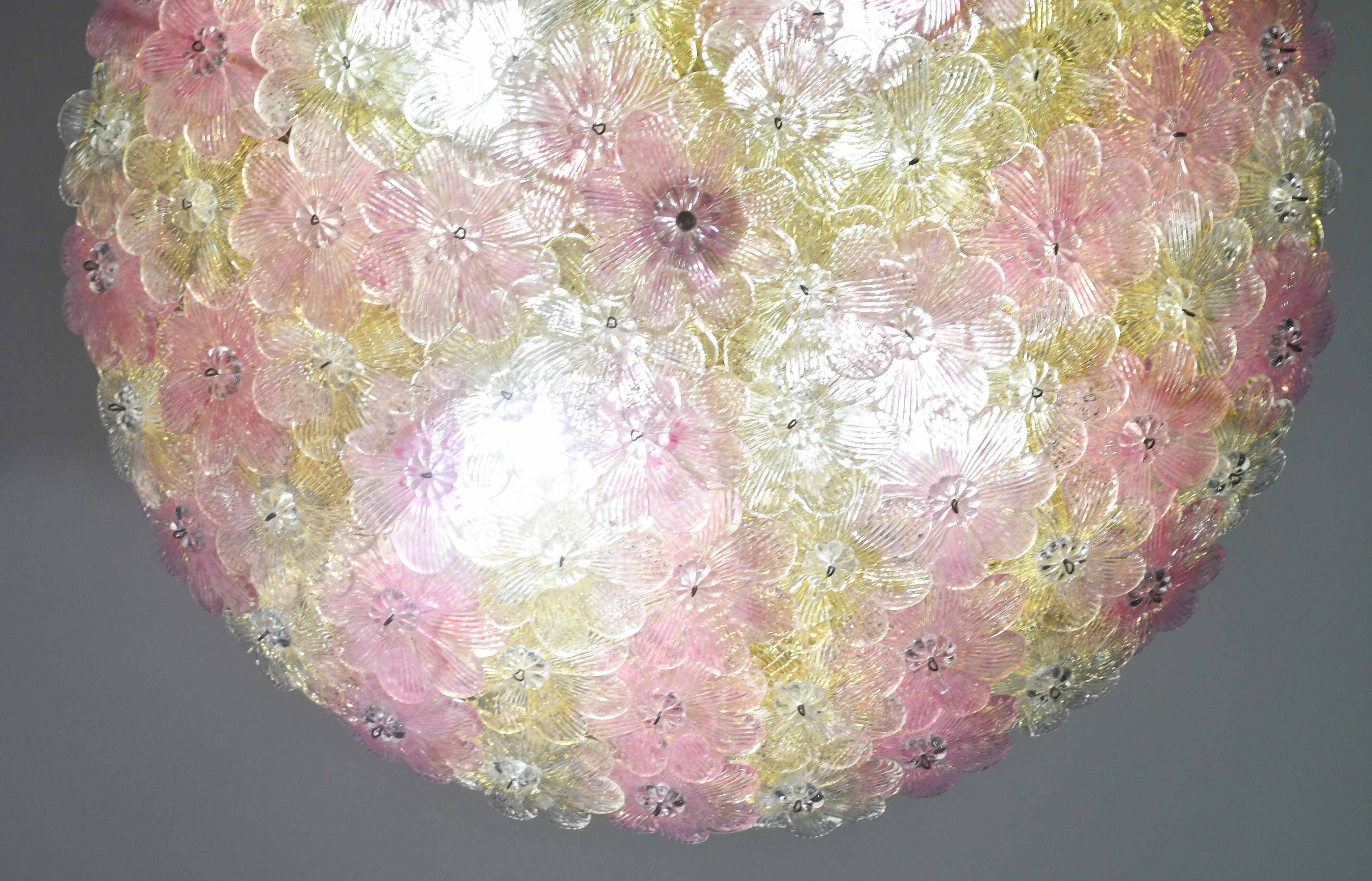 Amazing Pink and Gold Large Size Murano Ceiling Light Flower by Seguso