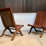 Set of 2 Spanish high-back leather slipper chairs by Pierre Lottier, 1950s