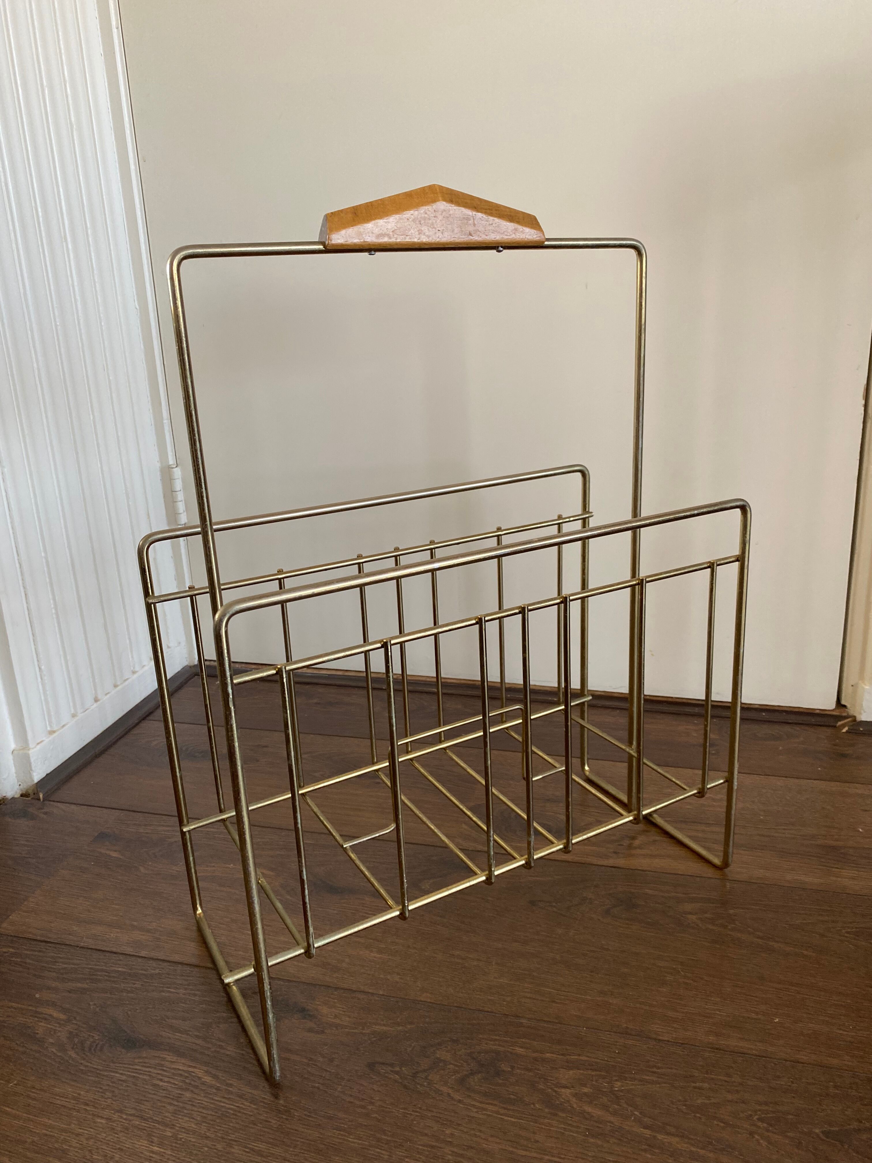 Vintage Magazine Rack in Brass and Wood, 1960s