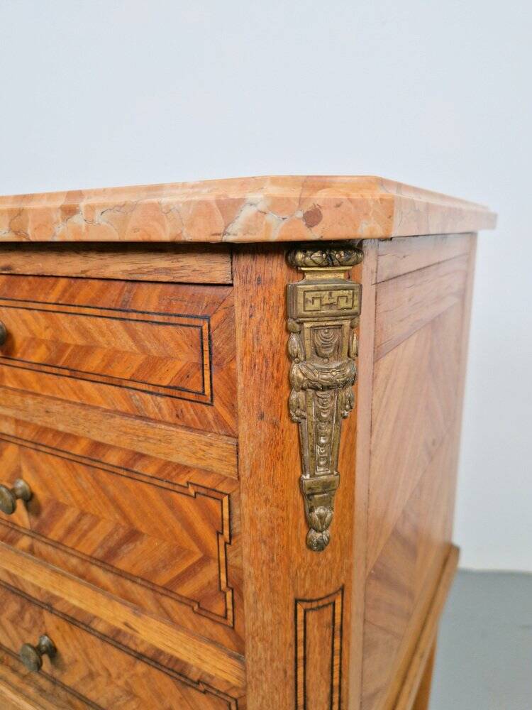 Vintage French Bedside Table with Marble Top and Brass Ornaments, 1920s
