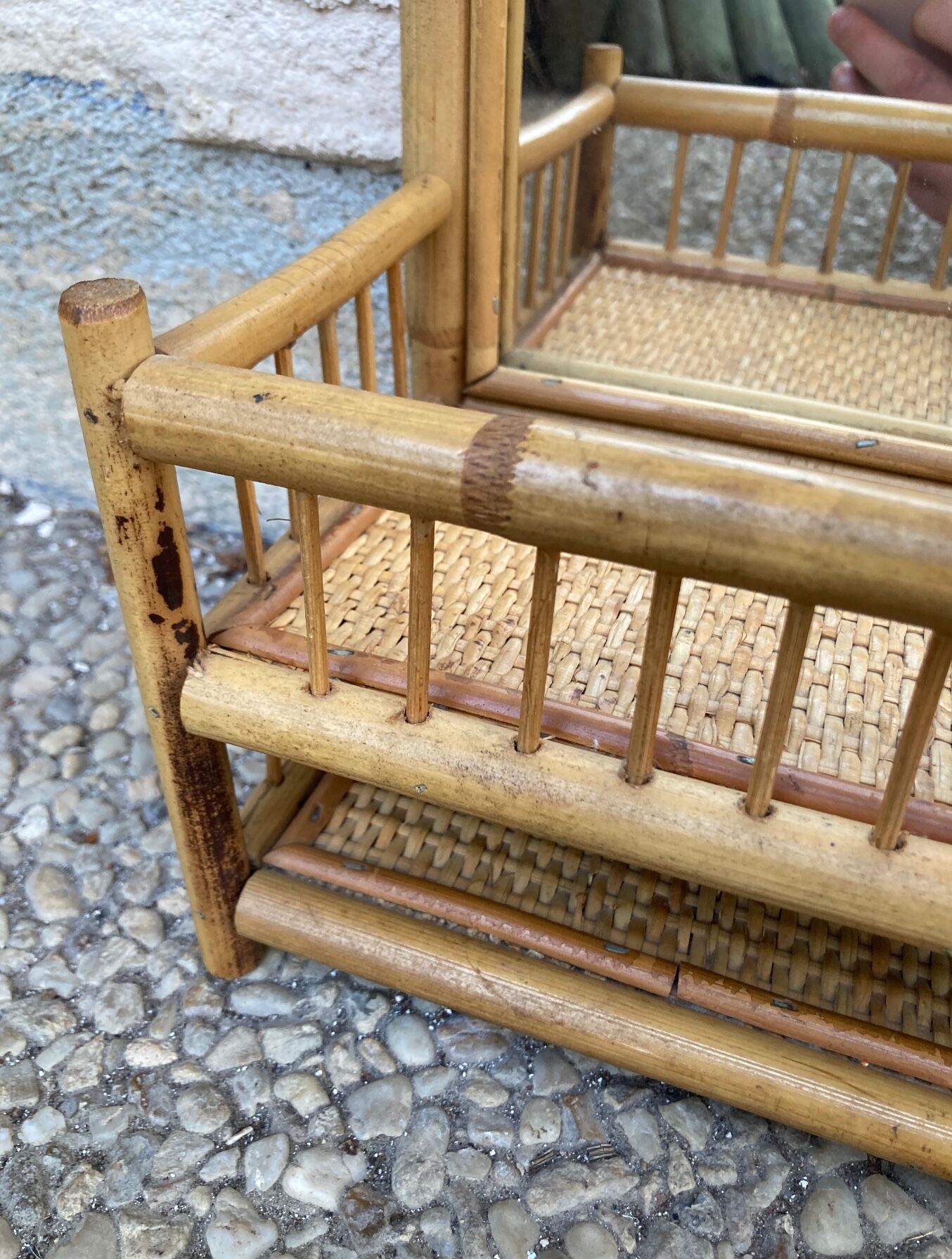 Vintage rattan wall shelf with mirror