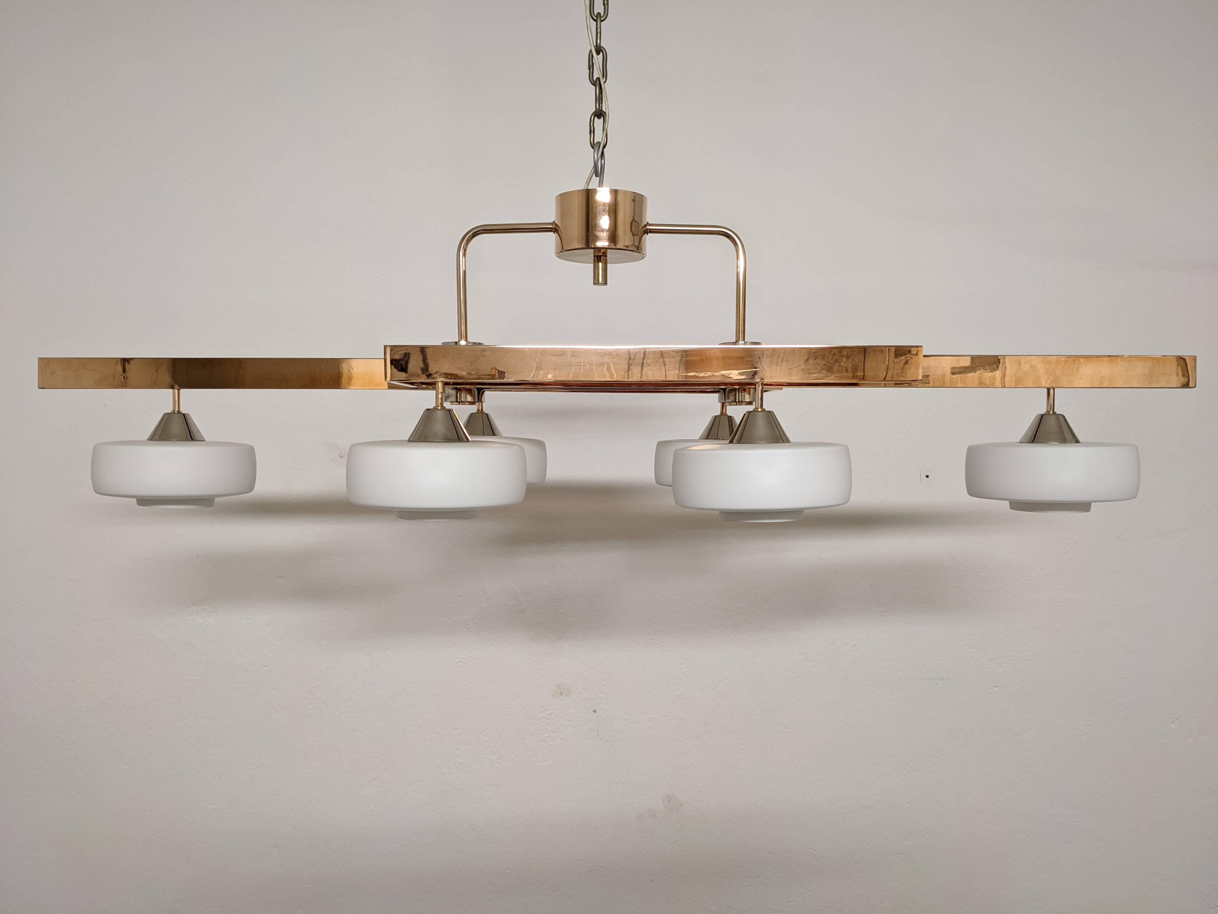 Arlus chandelier with 6 lights in opaline and brass from the 60s/70s