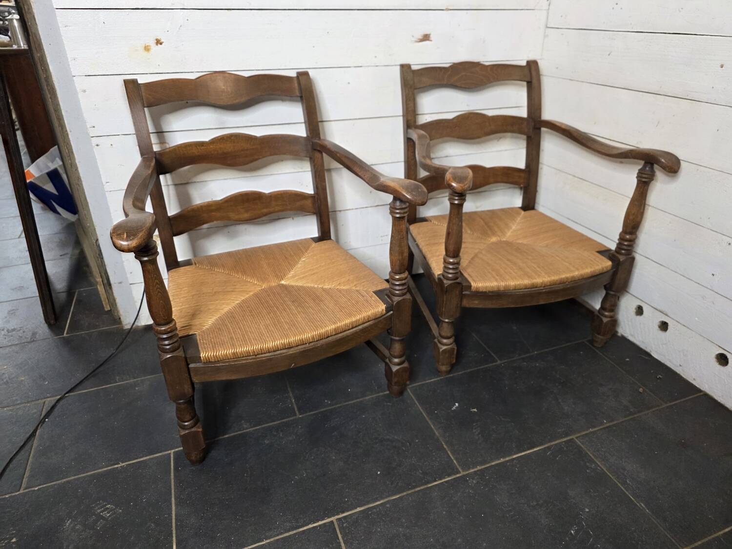 Pair of low beech armchairs
