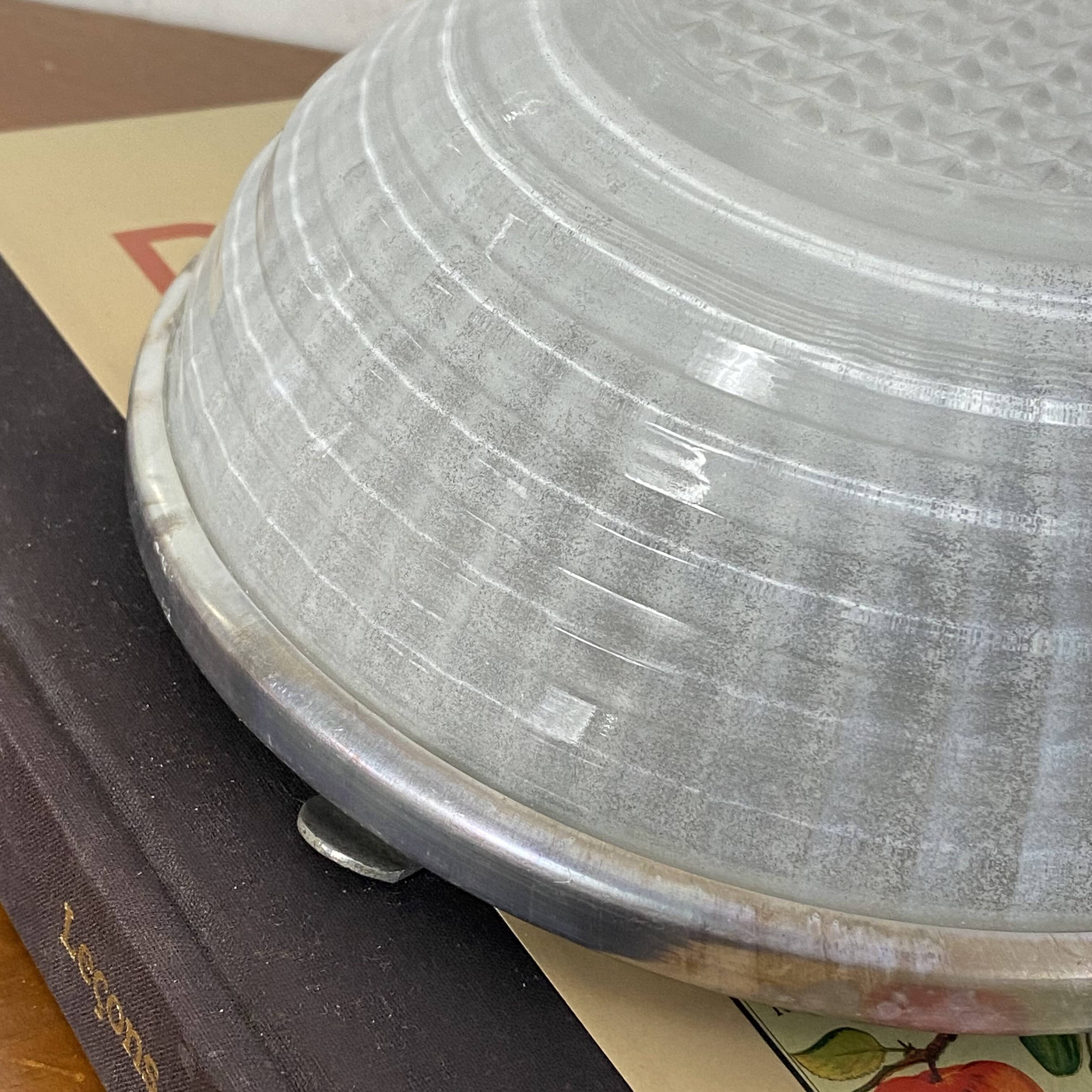 Small round ceiling light fixture in glass and aluminium, vintage design.