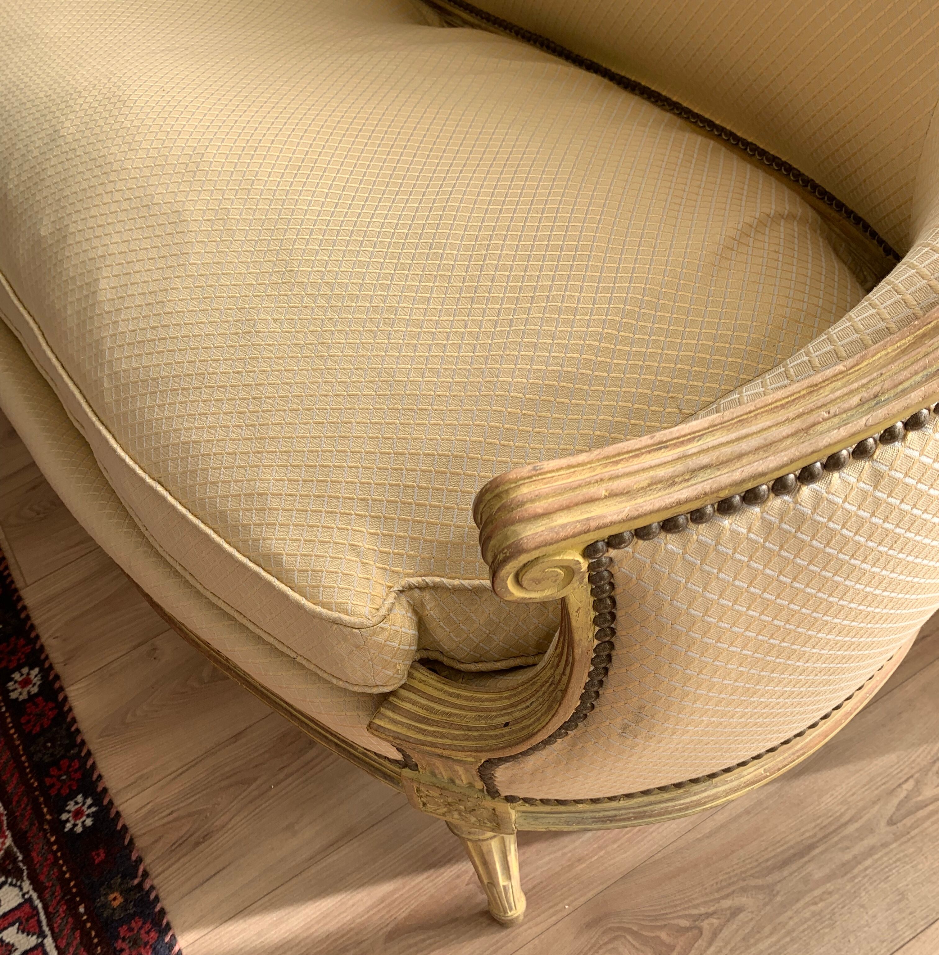 Louis XVI style patinated wooden basket sofa. Pierre Frey fabric. 19th century