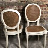 Set of 2 Louis XVI style patinated beige and cannate chairs