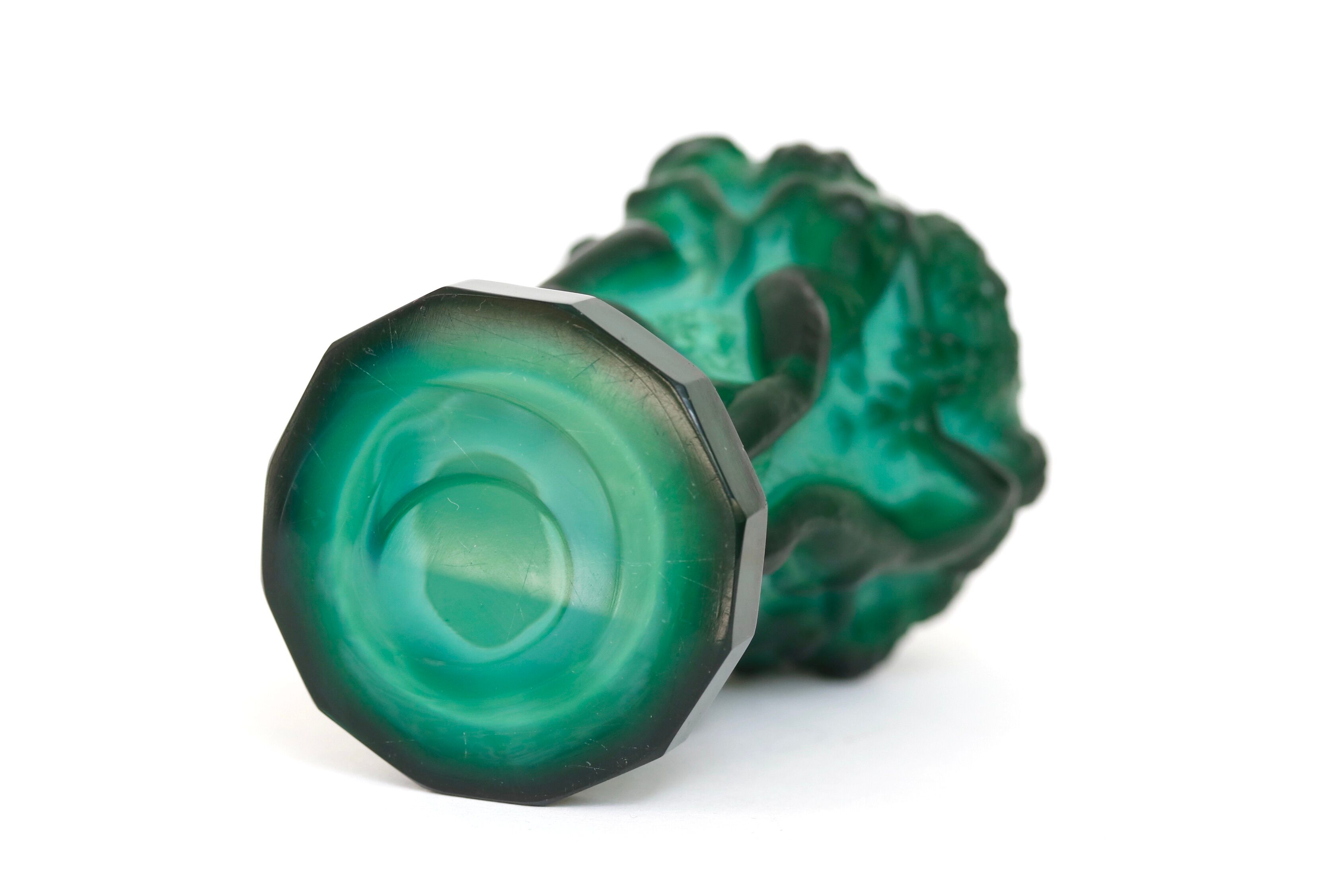 Glass vase decorated with bacchantes. Hoffman to Schlevogt 1930. Malachite green
