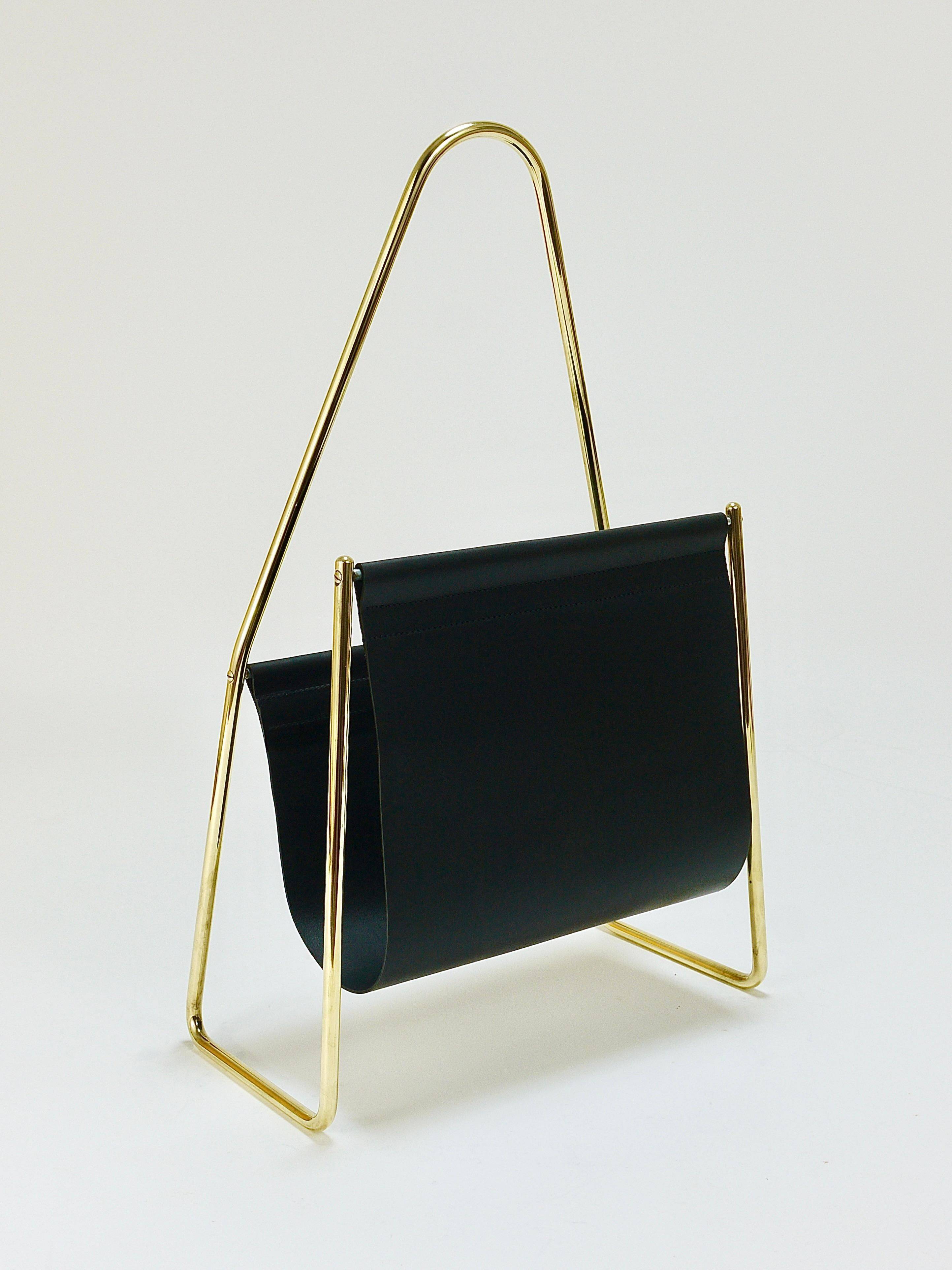 Carl Auböck II Midcentury magazine rack, brass and black leather, vintage, Austria