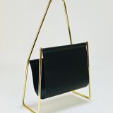 Carl Auböck II Midcentury magazine rack, brass and black leather, vintage, Austria