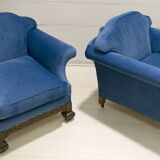 Pair of 19th Century Neo Renaissance Oak and Blue Velvet Italian Armchairs