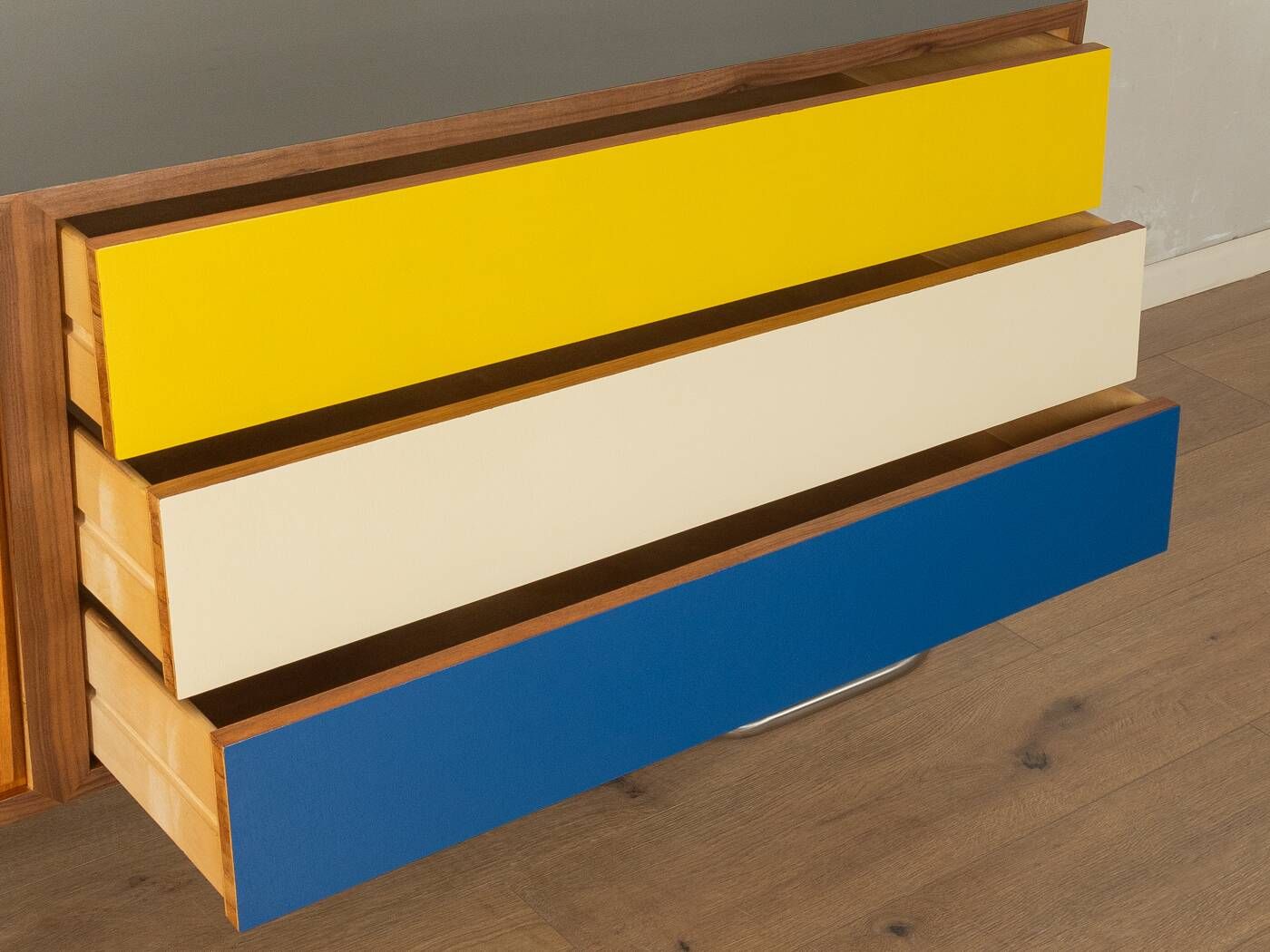 Exclusive mid-century style sideboard with stainless steel base, 1960s