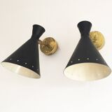 Set of three Italian wall lights in brass and lacquered iron, 1950s design