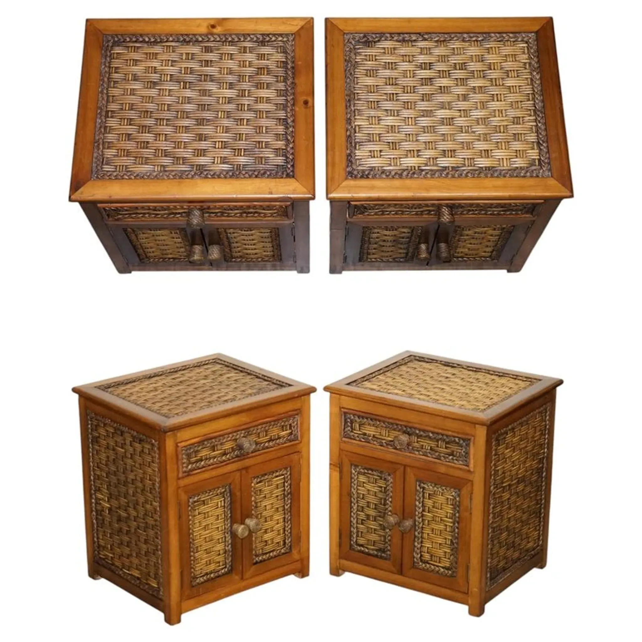Tables de Chevet Vintage en Rotin avec Tiroir, Set de 2