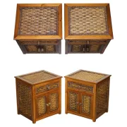 Tables de Chevet Vintage en Rotin avec Tiroir, Set de 2