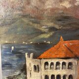 Old painting, landscape of a lighthouse signed and dated 1959