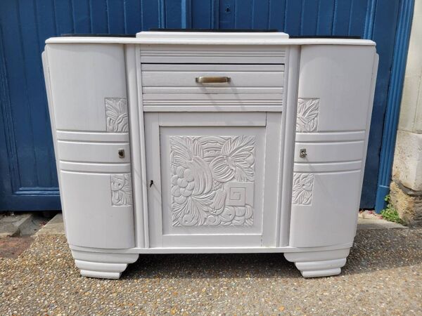 Buffet Art Déco 1930 motifs floraux dessus marbre