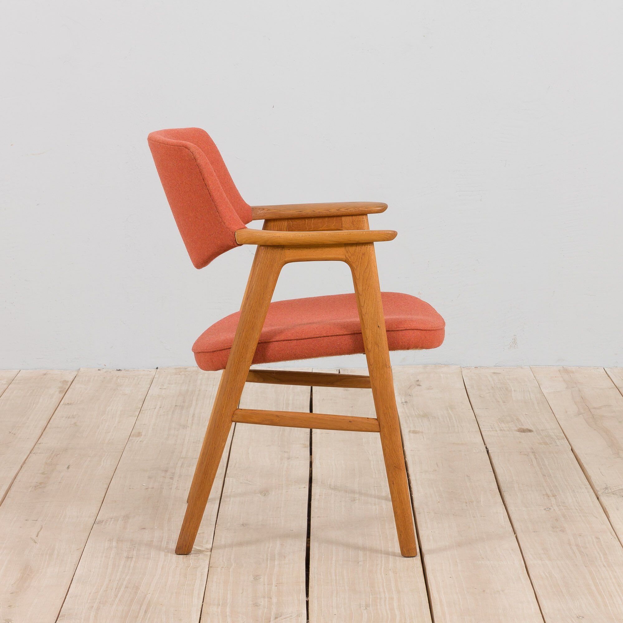 Oak Desk Chair in Pale Red Wool Upholstery by Erik Kirkegaard