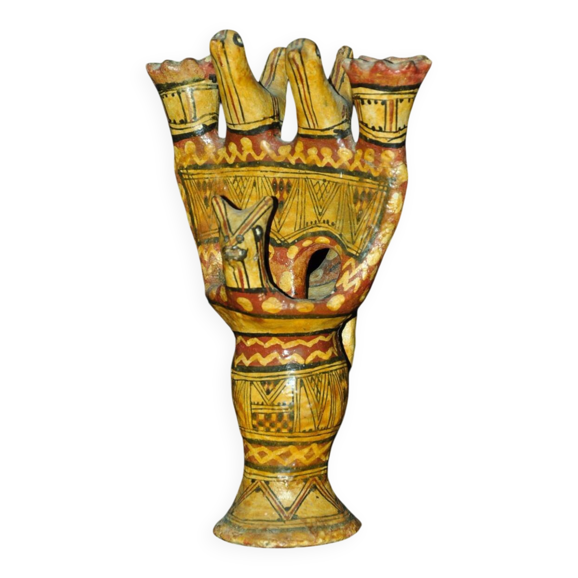 Late 19th century Kabyle pottery candlestick with polychrome geometric decoration