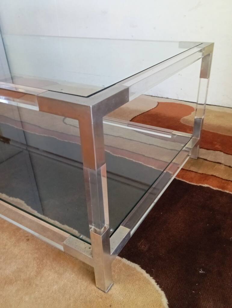 80s Lucite, Glass and Metal Coffee Table