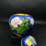 Chinese cloisonné vase decorated with peonies on a blue background, height 15 cm