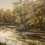 Painting depicting a lake in the middle of the forest