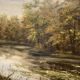 Peinture représentant un lac au milieu de la forêt