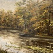 Peinture représentant un lac au milieu de la forêt