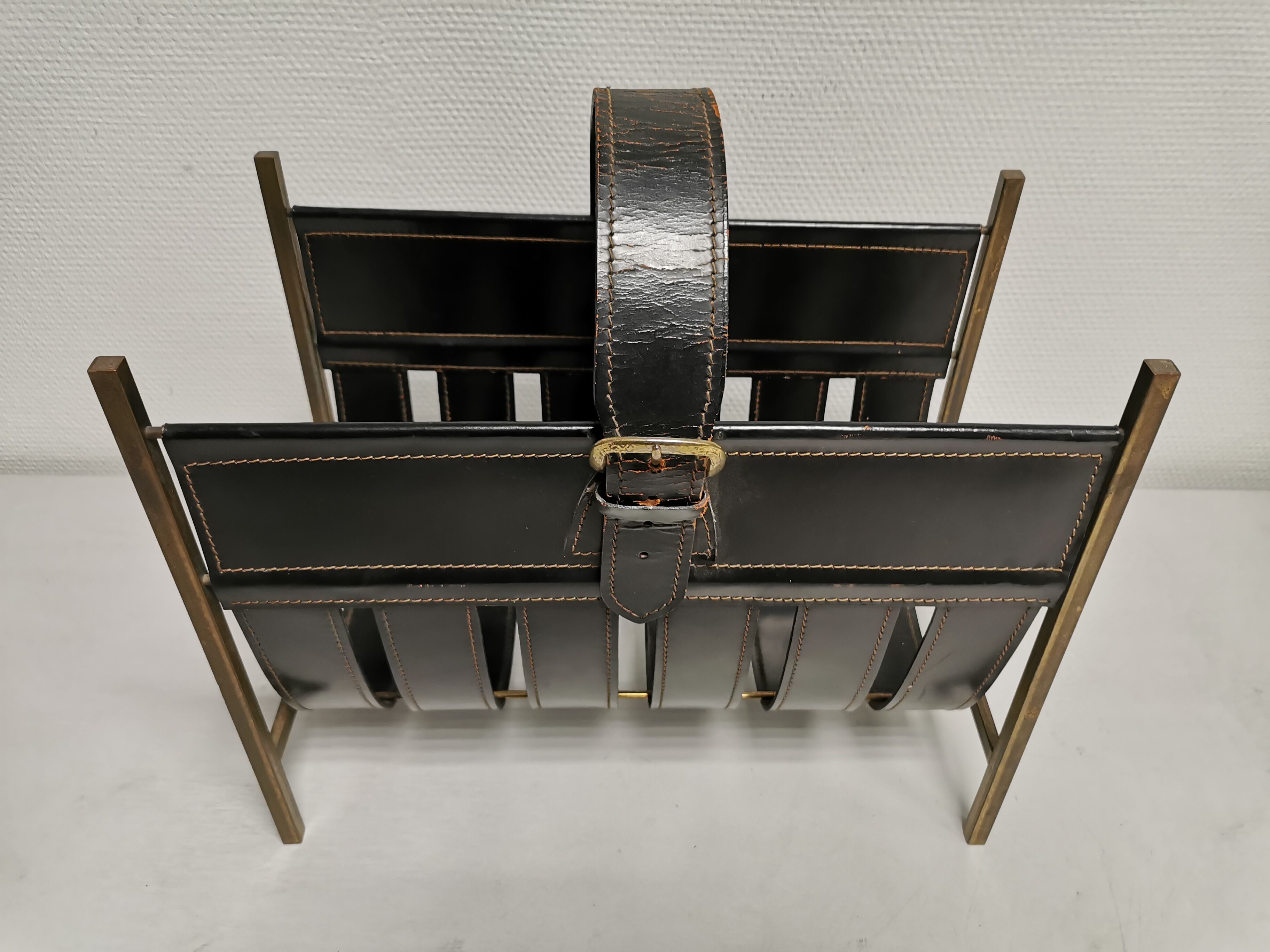 Vintage leather magazine rack, 50s