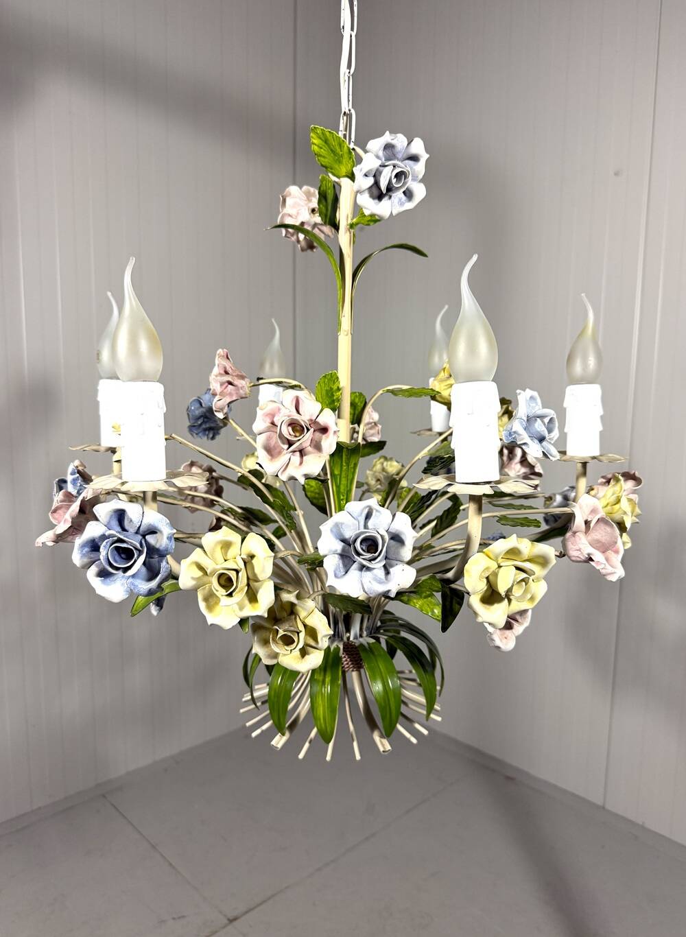 Italian tole chandelier porcelain flowers 1950’s