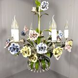 Italian tole chandelier porcelain flowers 1950’s