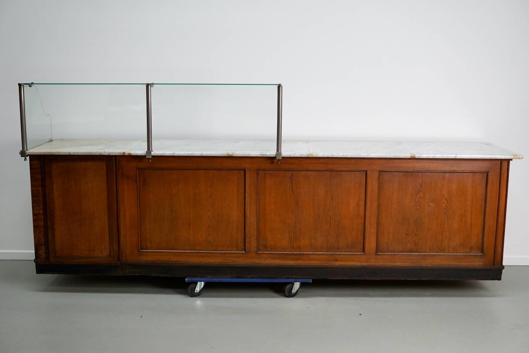 Large Antique Art Deco German Oak & Marble Chocolate Shop Counter, 1920s