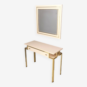 Table console rose pâle formica et laiton avec miroir mural, italie